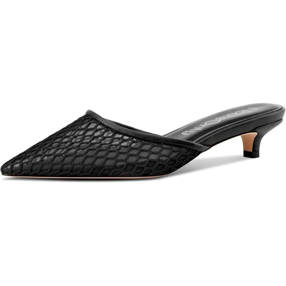 🆕Mesh Mules Women Black Rubber Pointed Toe Kitten Heels Slip-on Backless Pumps